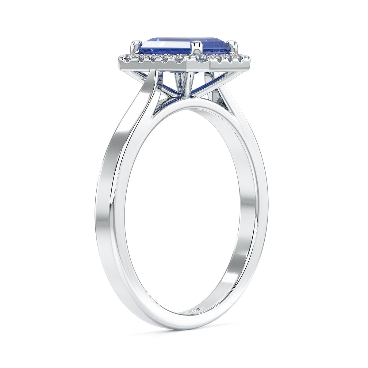 Rectangular Blue Sapphire Halo Ring in white gold or platinum