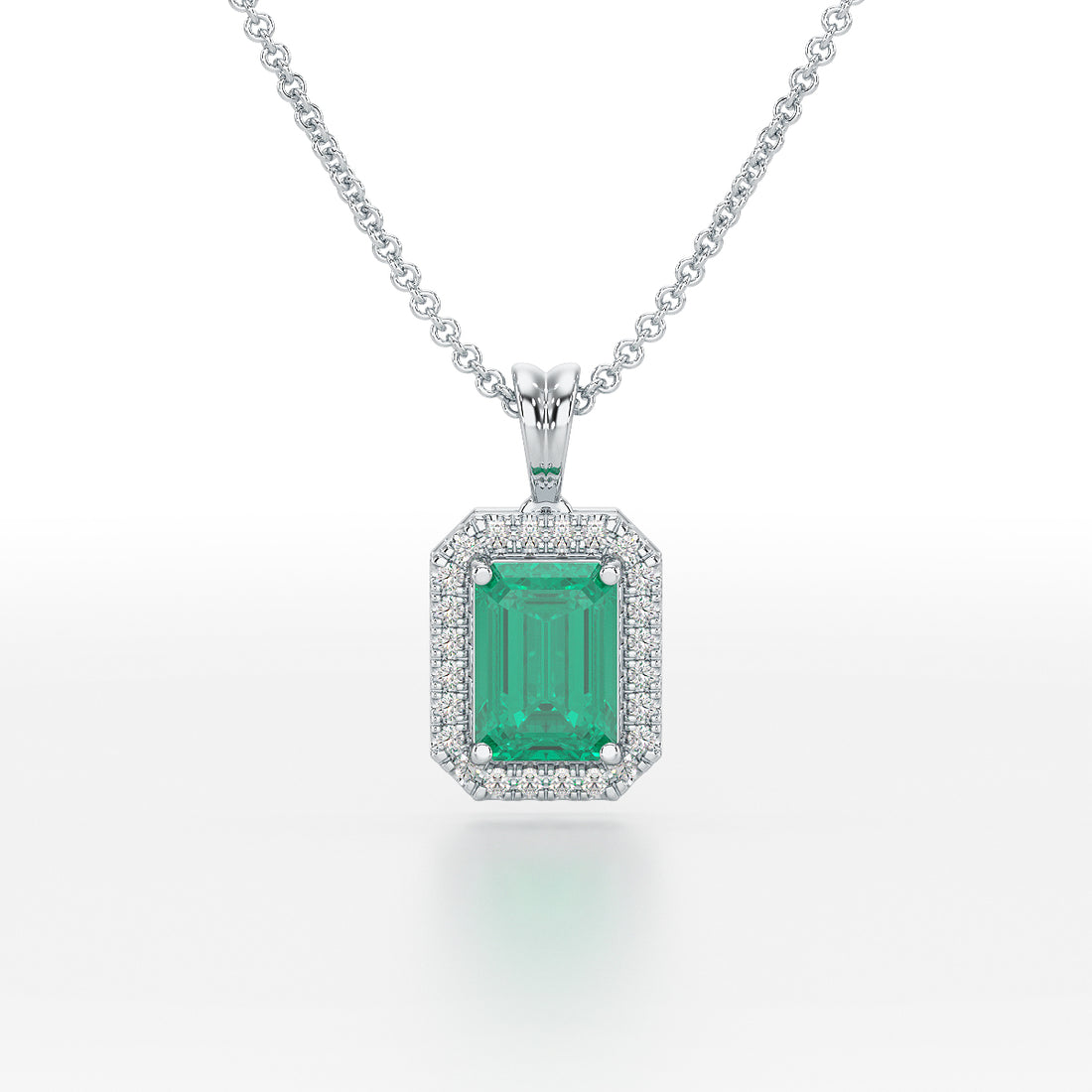 Rectangular Green Emerald Halo Pendant White Gold Platinum