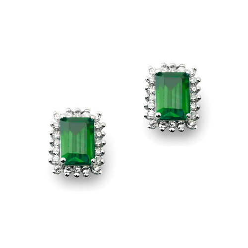 A pair of rectangular green emerald earrings with a sunburst design, set in 9K white gold.