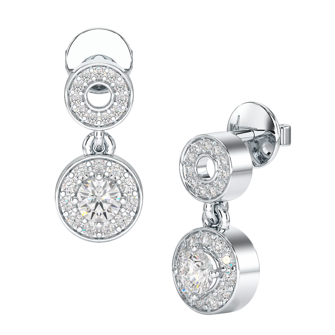 A pair of round halo drop earrings with a central diamond encircled by a halo of smaller stones.