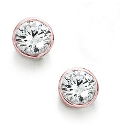 A pair of round solitaire earrings with a rubover setting, showcasing a single diamond in each earring.