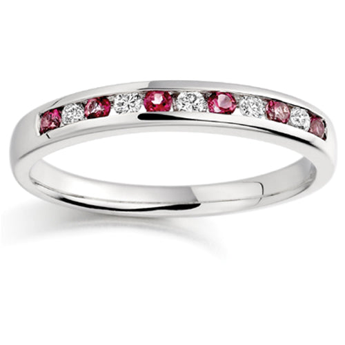 Ruby & Diamond Channel Set Half Eternity Ring in white gold or platinum