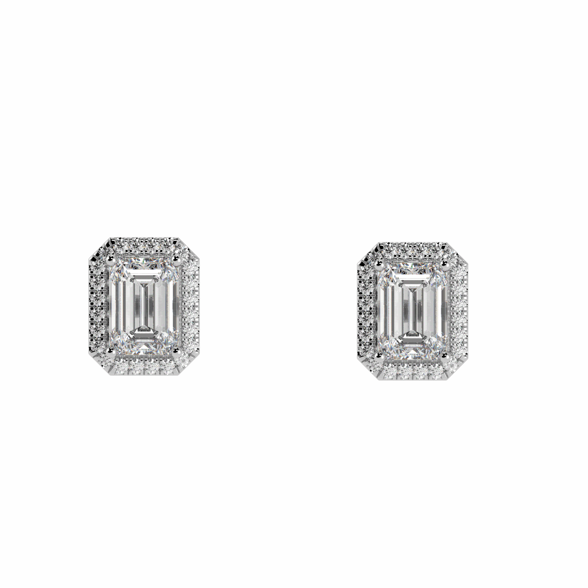 Halo Emerald Cut Solitaire Stud Earrings in white gold or platinum