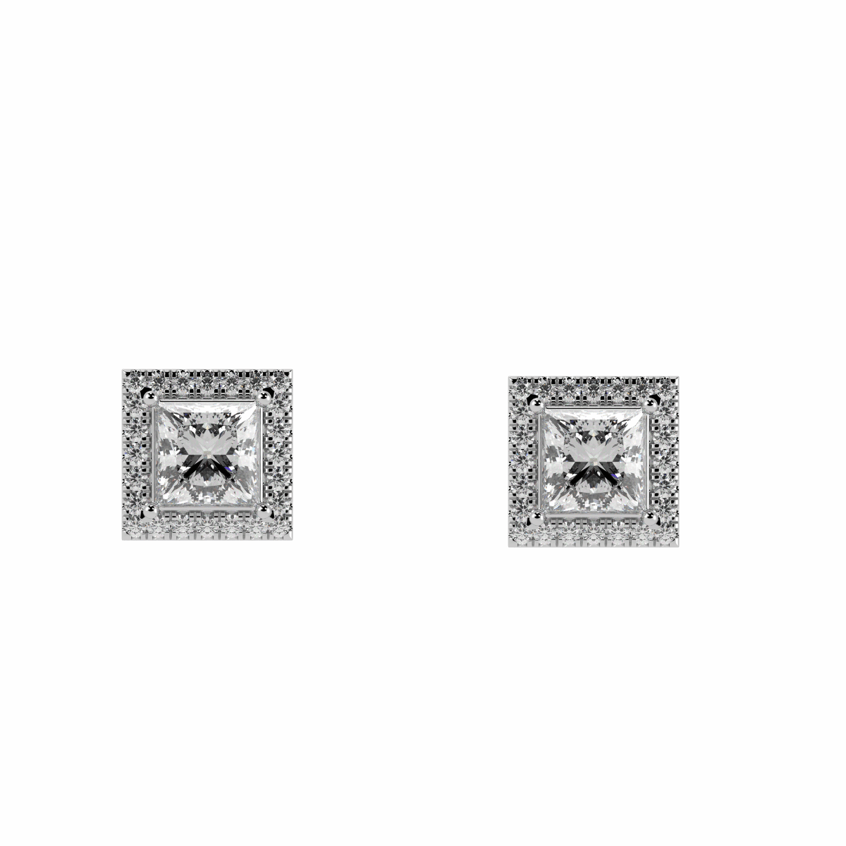 Halo Princess Cut Solitaire Stud Earrings in white gold or platinum