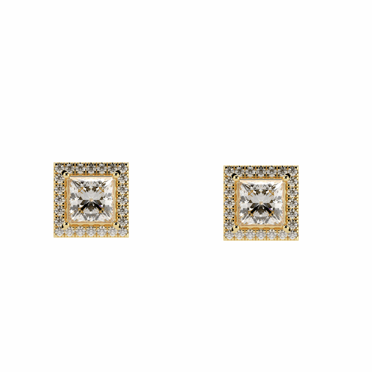 Halo Princess Cut Solitaire Stud Earrings in yellow gold