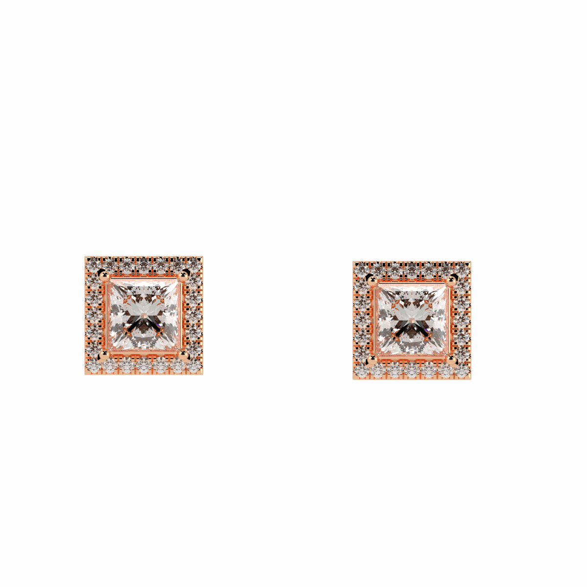 Halo Princess Cut Solitaire Stud Earrings in rose gold
