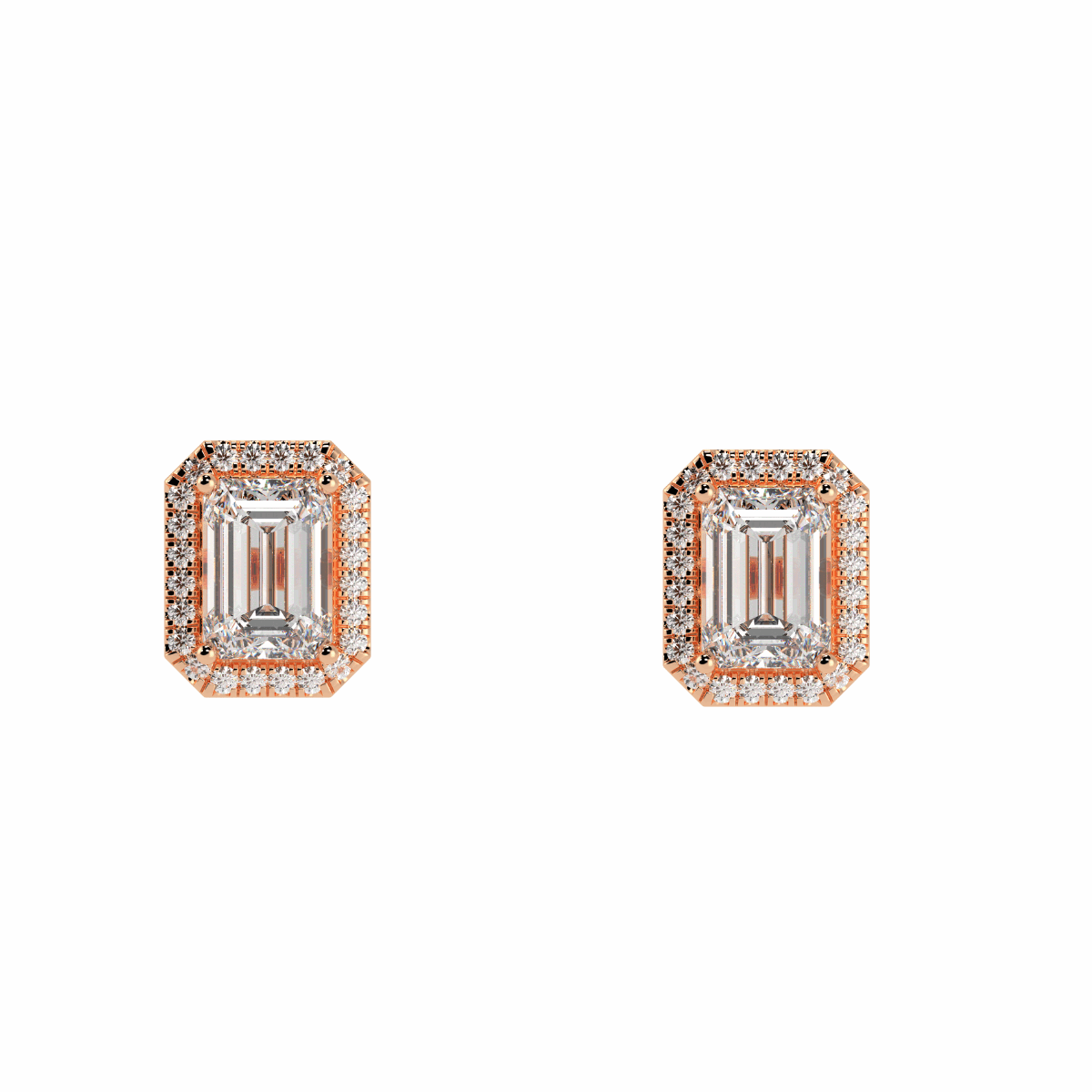 Halo Emerald Cut Solitaire Stud Earrings in rose gold
