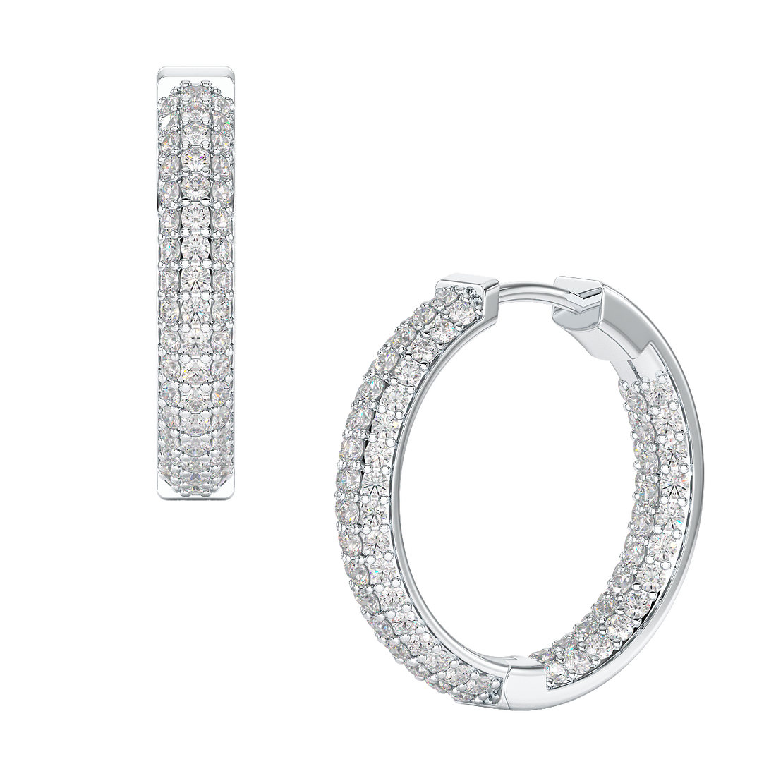 A pair of three row hoop earrings crafted in gold with diamonds.