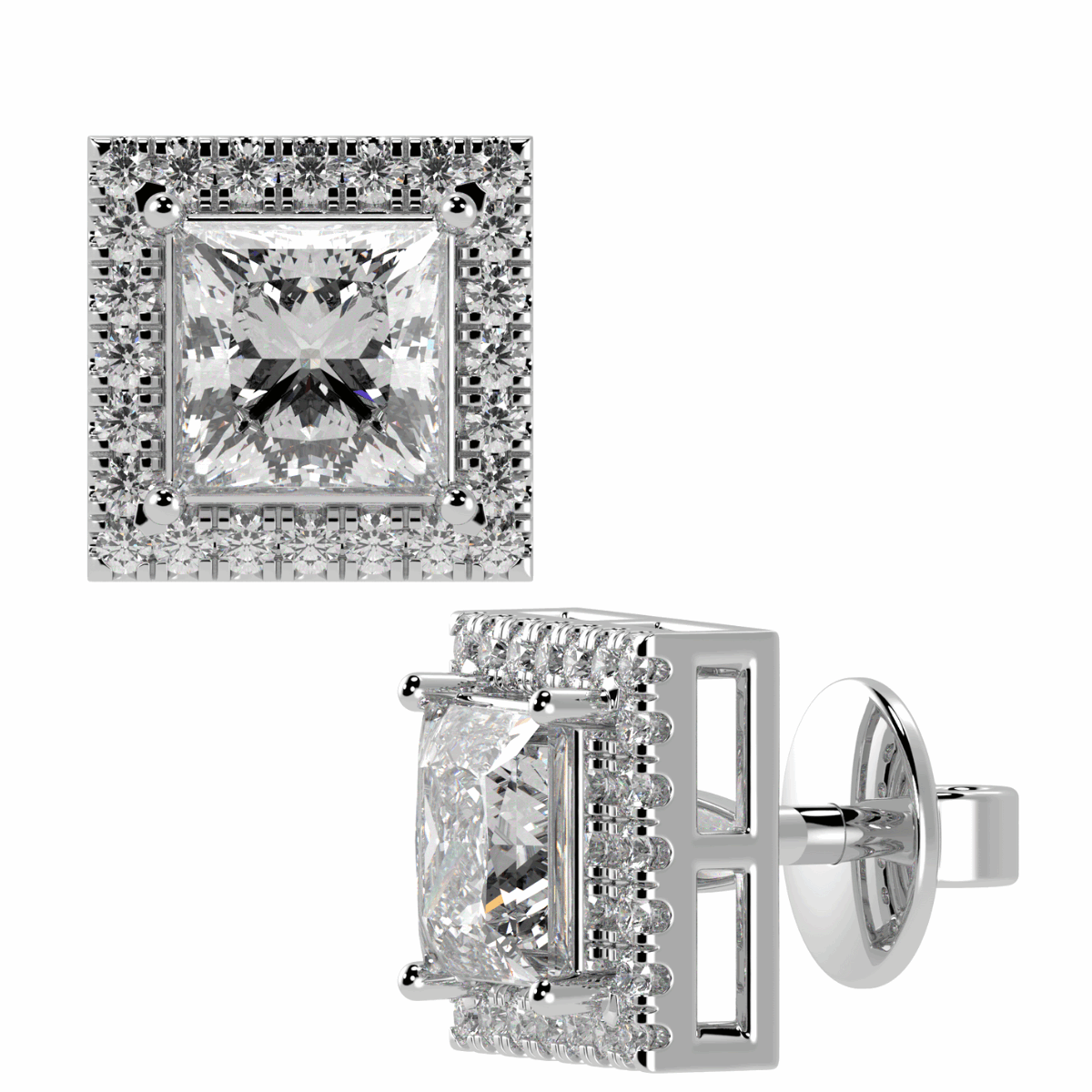 Halo Princess Cut Solitaire Stud Earrings in white gold or platinum