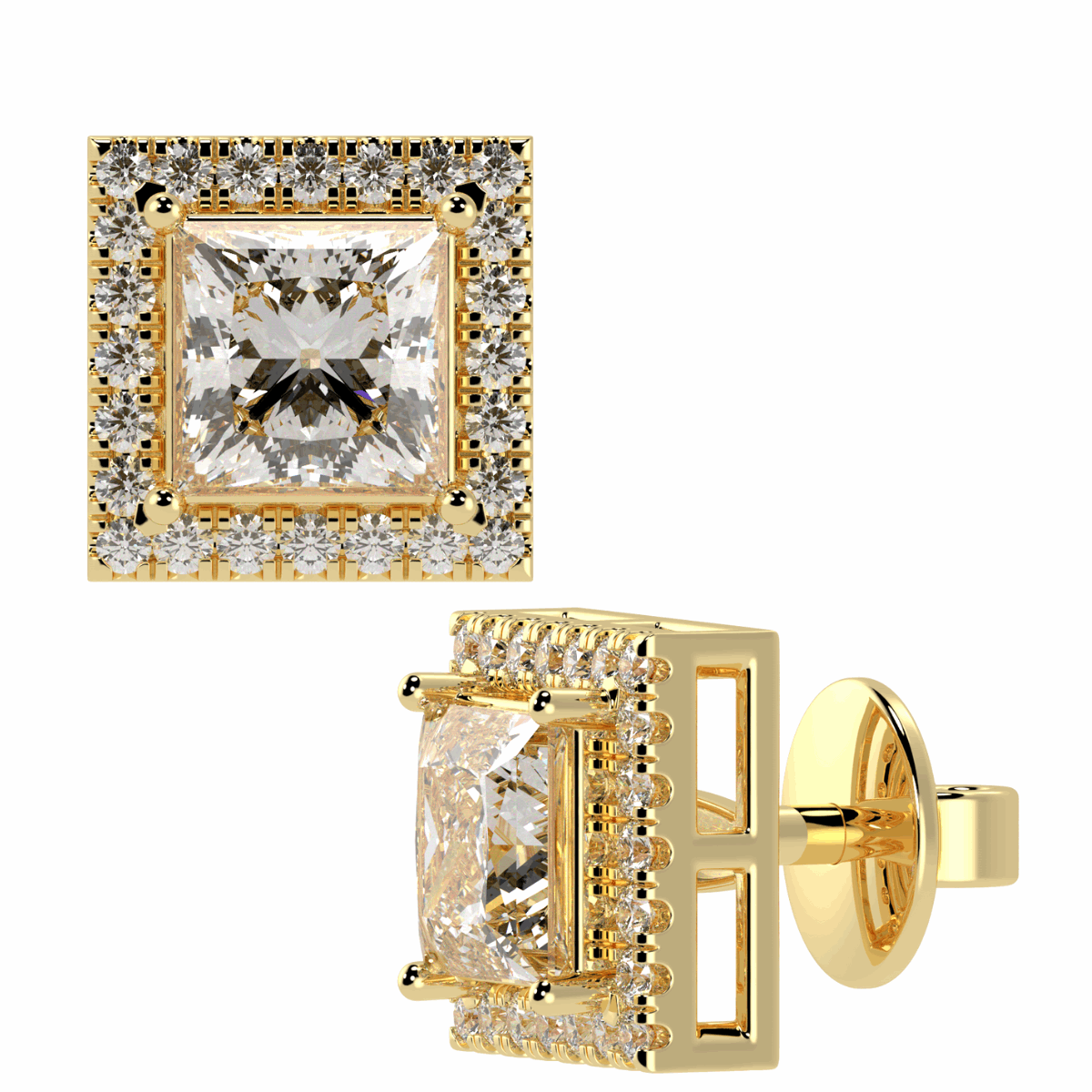 Halo Princess Cut Solitaire Stud Earrings in yellow gold