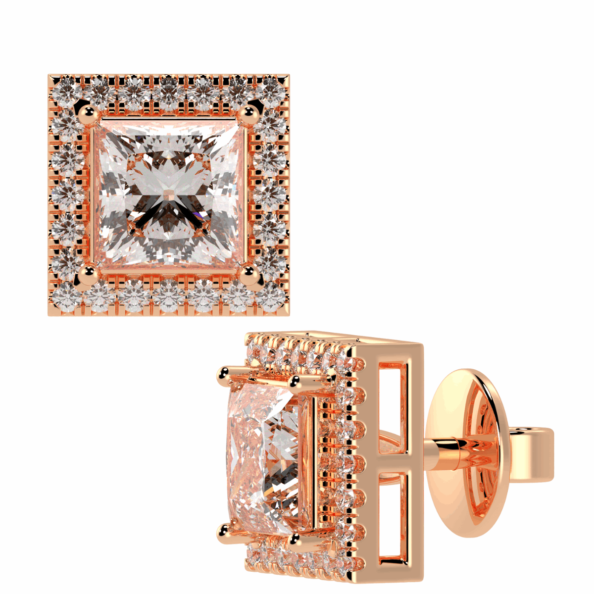 Halo Princess Cut Solitaire Stud Earrings in rose gold