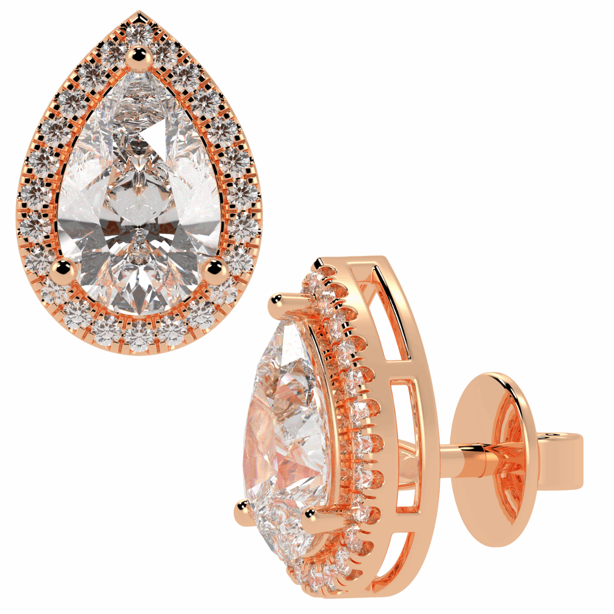 Halo Pear Cut Solitaire Stud Earrings in rose gold