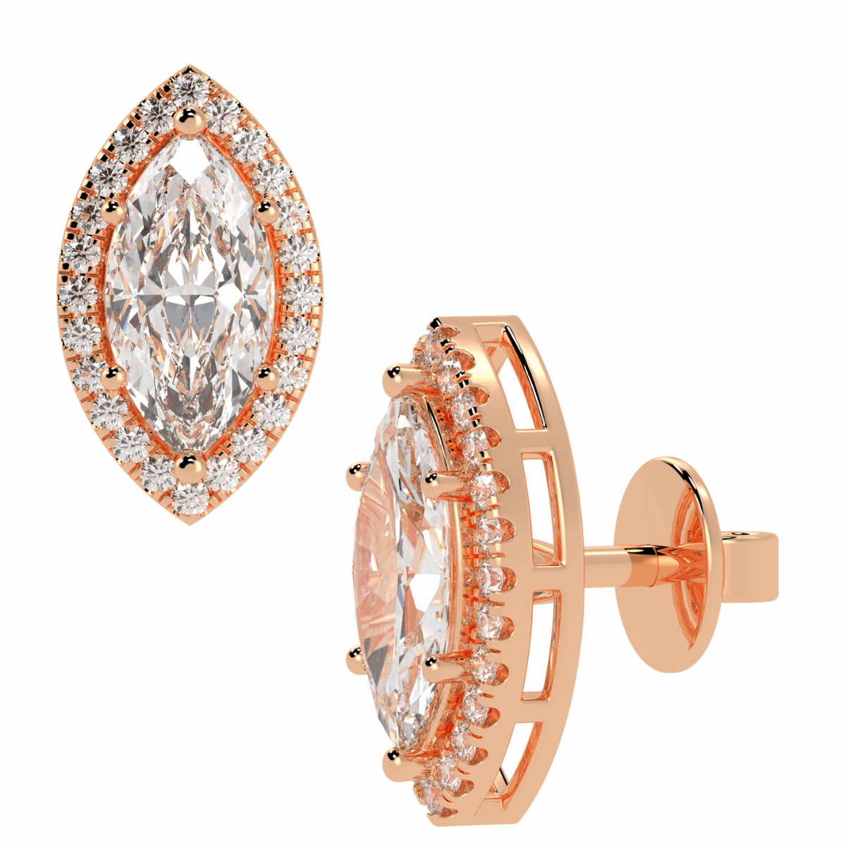 Halo Marquise Cut Solitaire Stud Earrings in rose gold