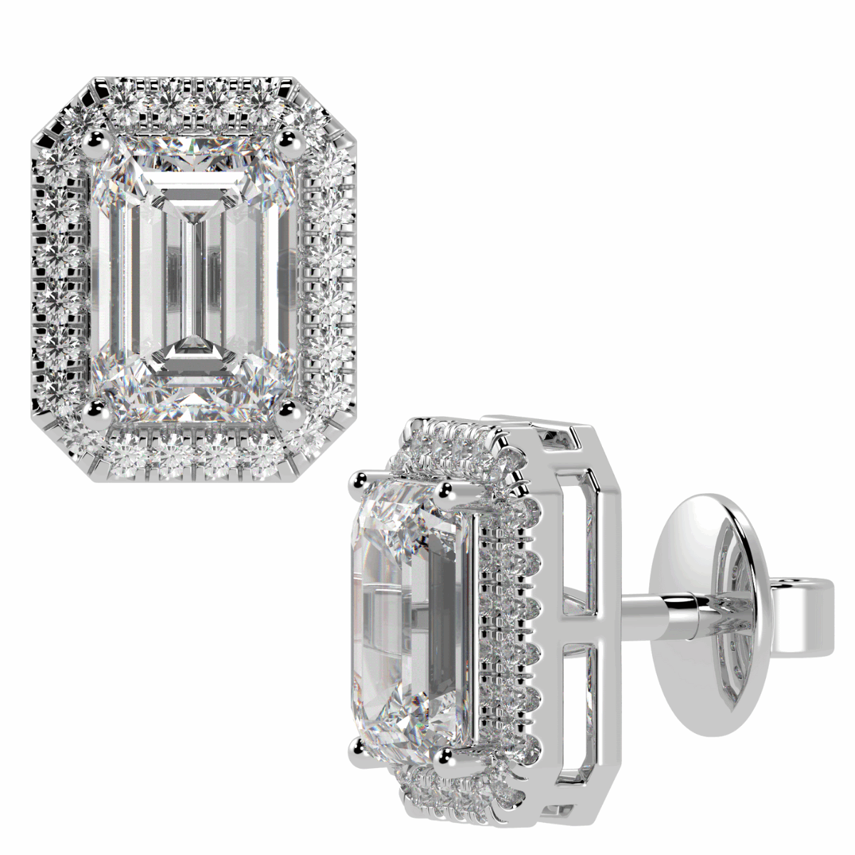 Halo Emerald Cut Solitaire Stud Earrings in white gold or platinum