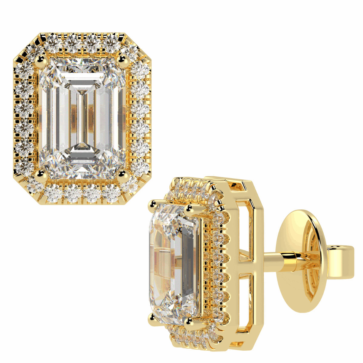 Halo Emerald Cut Solitaire Stud Earrings in yellow gold