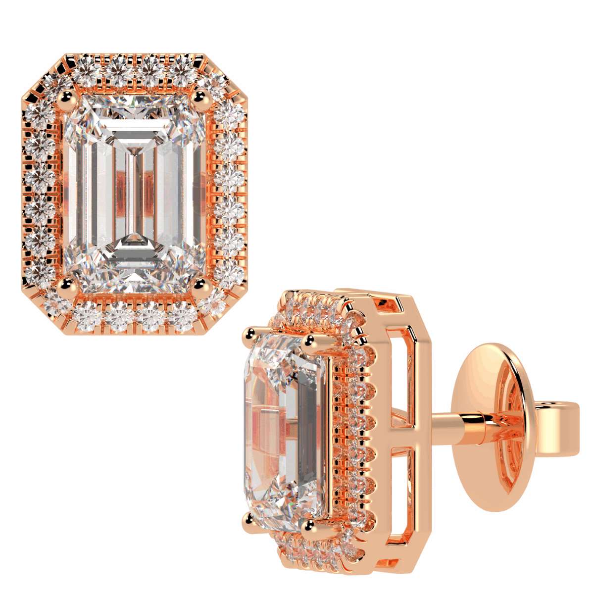 Halo Emerald Cut Solitaire Stud Earrings in rose gold