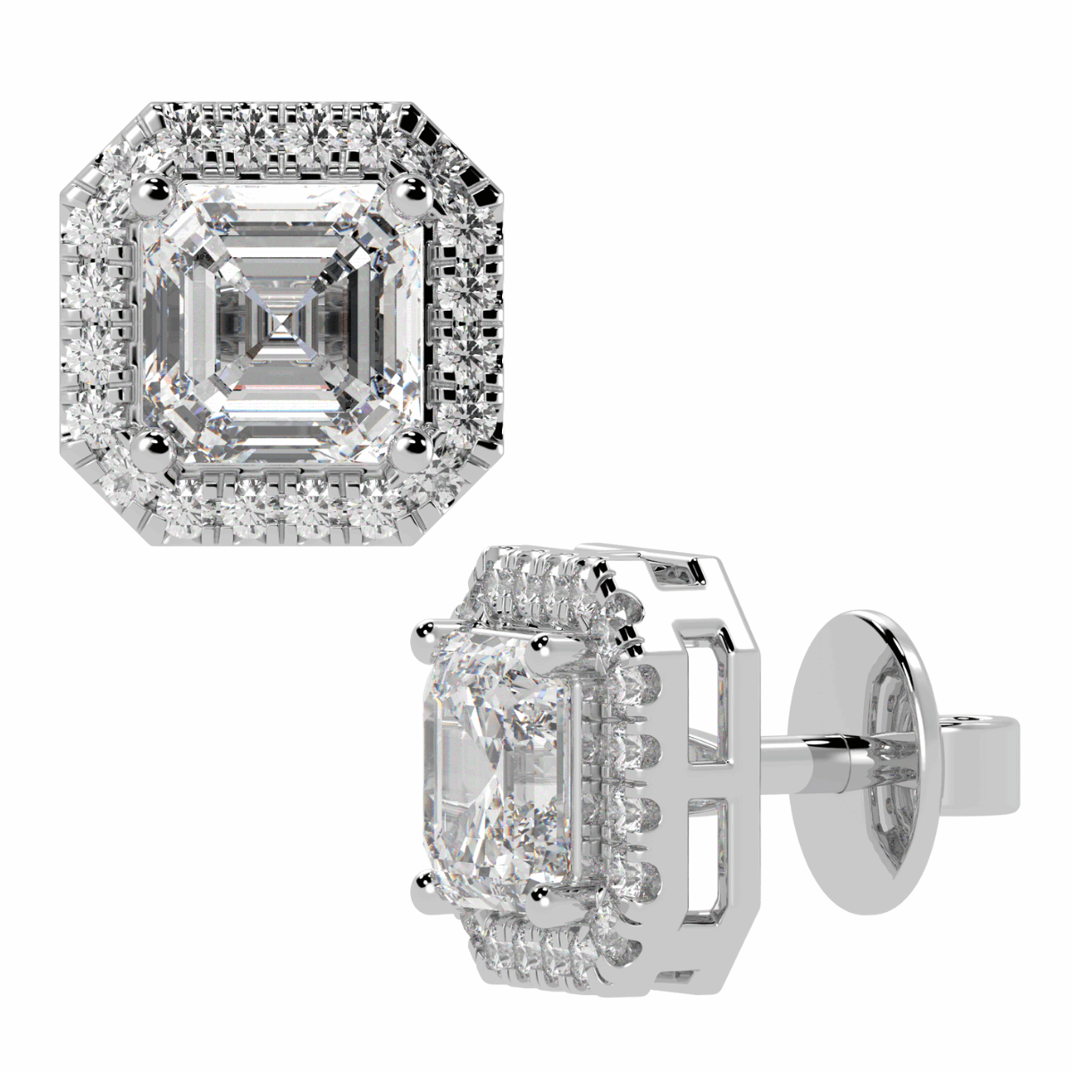 Halo Asscher Cut Solitaire Stud Earrings in white gold or platinum