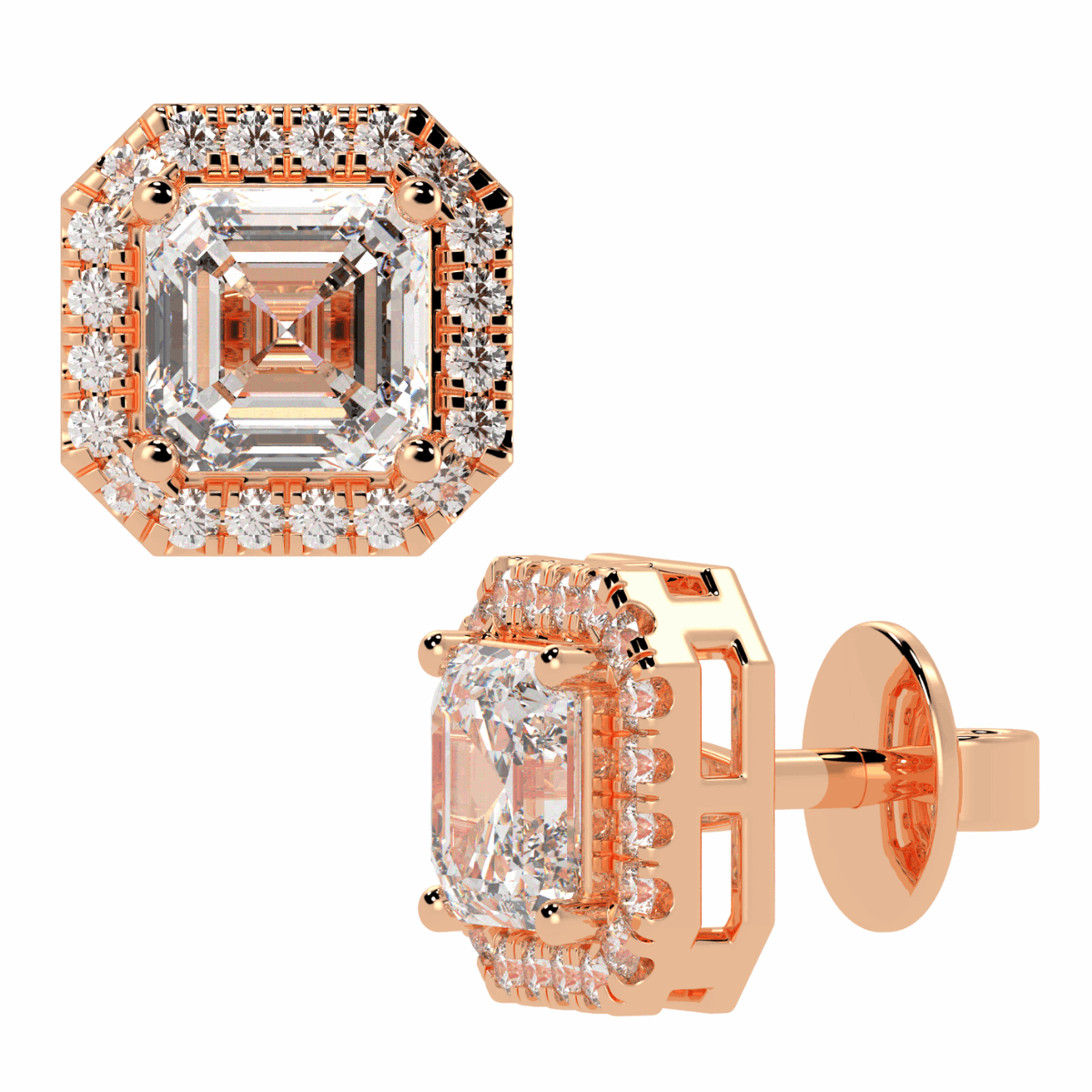 Halo Asscher Cut Solitaire Stud Earrings in rose gold