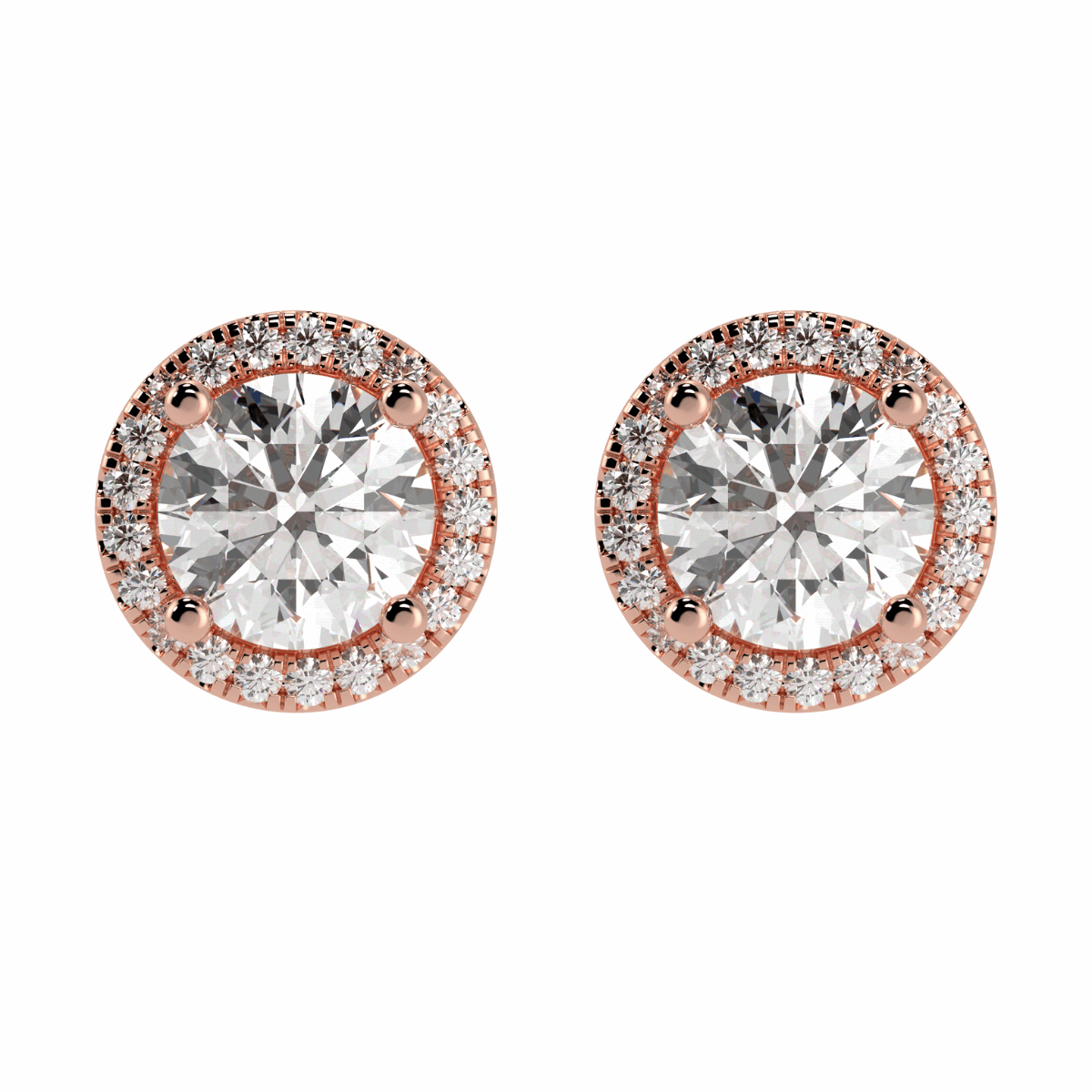 Halo Round Cut Solitaire Stud Earrings in rose gold