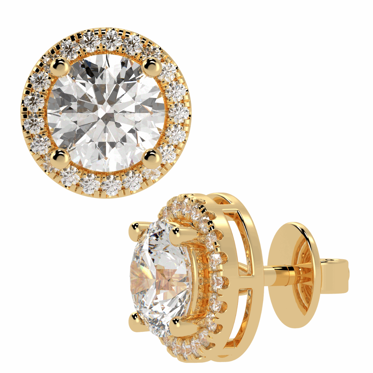 Halo Round Cut Solitaire Stud Earrings in yellow gold