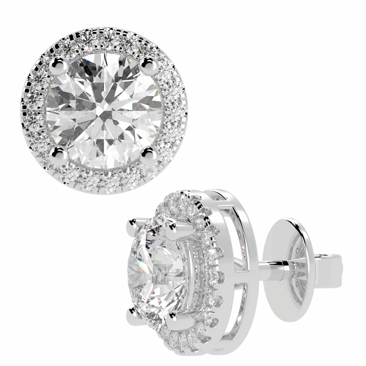 Halo Round Cut Solitaire Stud Earrings in white gold or platinum
