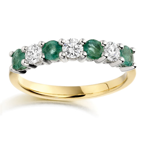 Wide Emerald & Diamond Seven Stone Ring in yellow gold