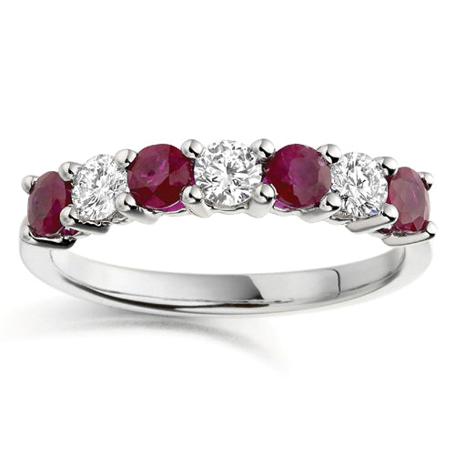 Wide Ruby & Diamond Seven Stone Ring in white gold or platinum