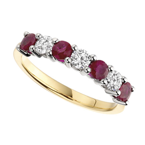 Wide Ruby & Diamond Seven Stone Ring in yellow gold, perspective view