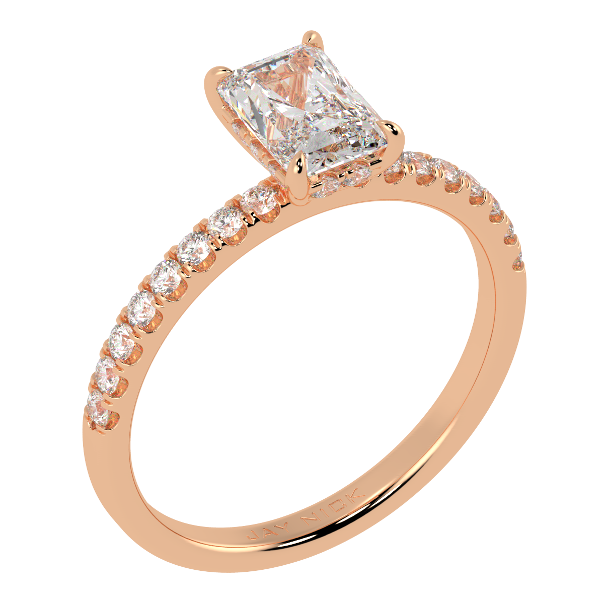 Radiant Cut Studded Hidden Halo Ring in rose gold, perspective view