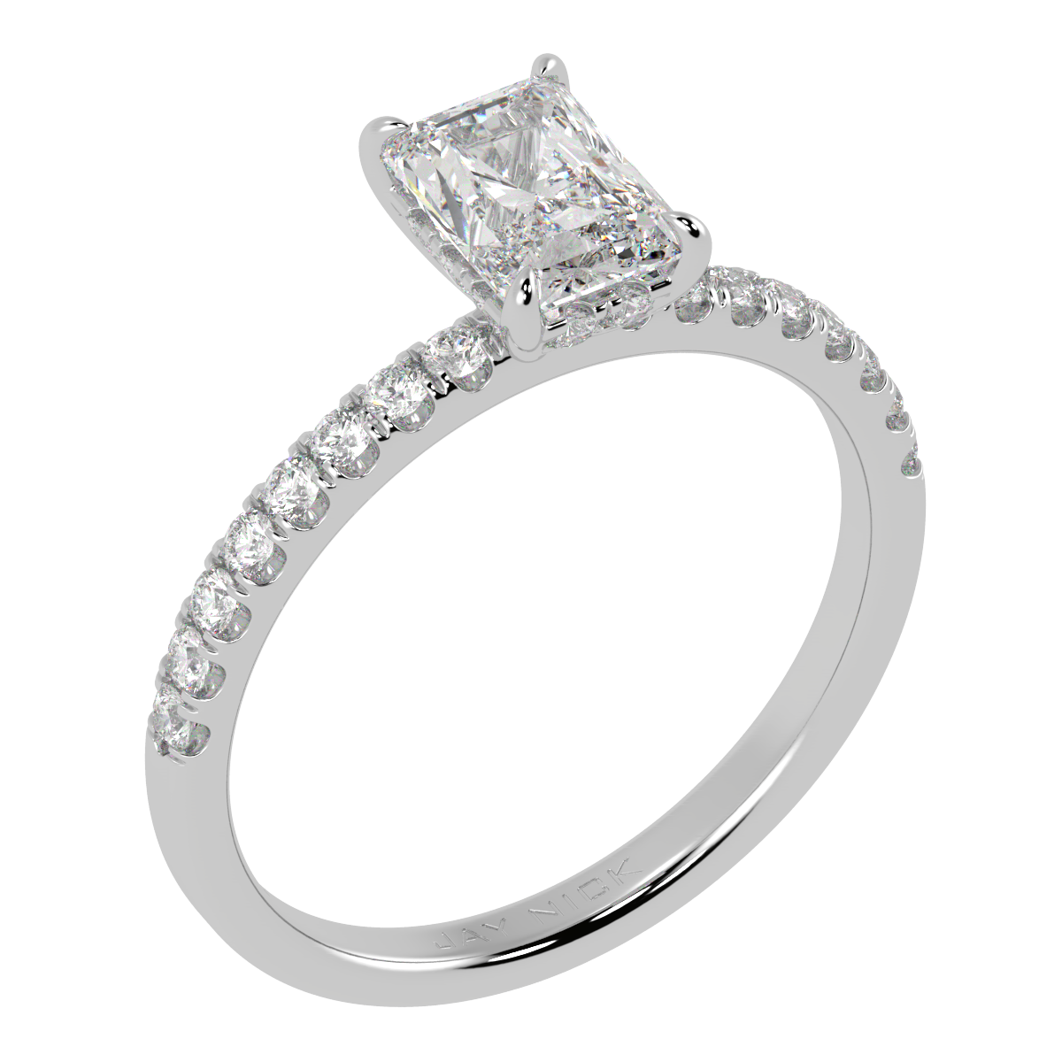 Radiant Cut Studded Hidden Halo Ring in white gold or platinum, perspective view
