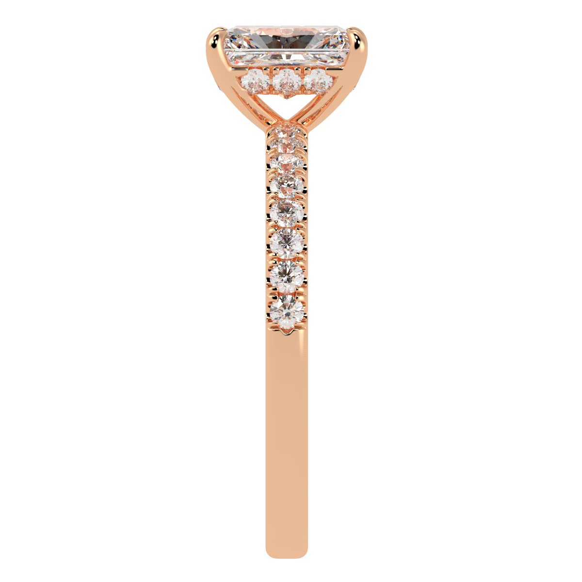 Radiant Cut Studded Hidden Halo Ring in rose gold, side view