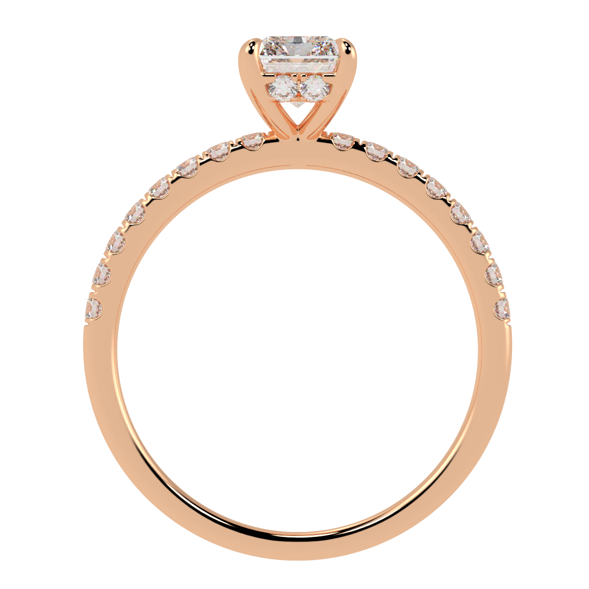 Radiant Cut Studded Hidden Halo Ring in rose gold, flat view