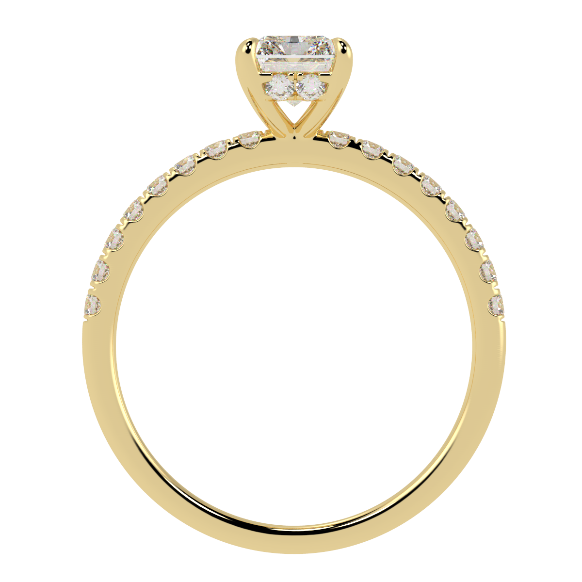 Radiant Cut Studded Hidden Halo Ring in yellow gold, flat view