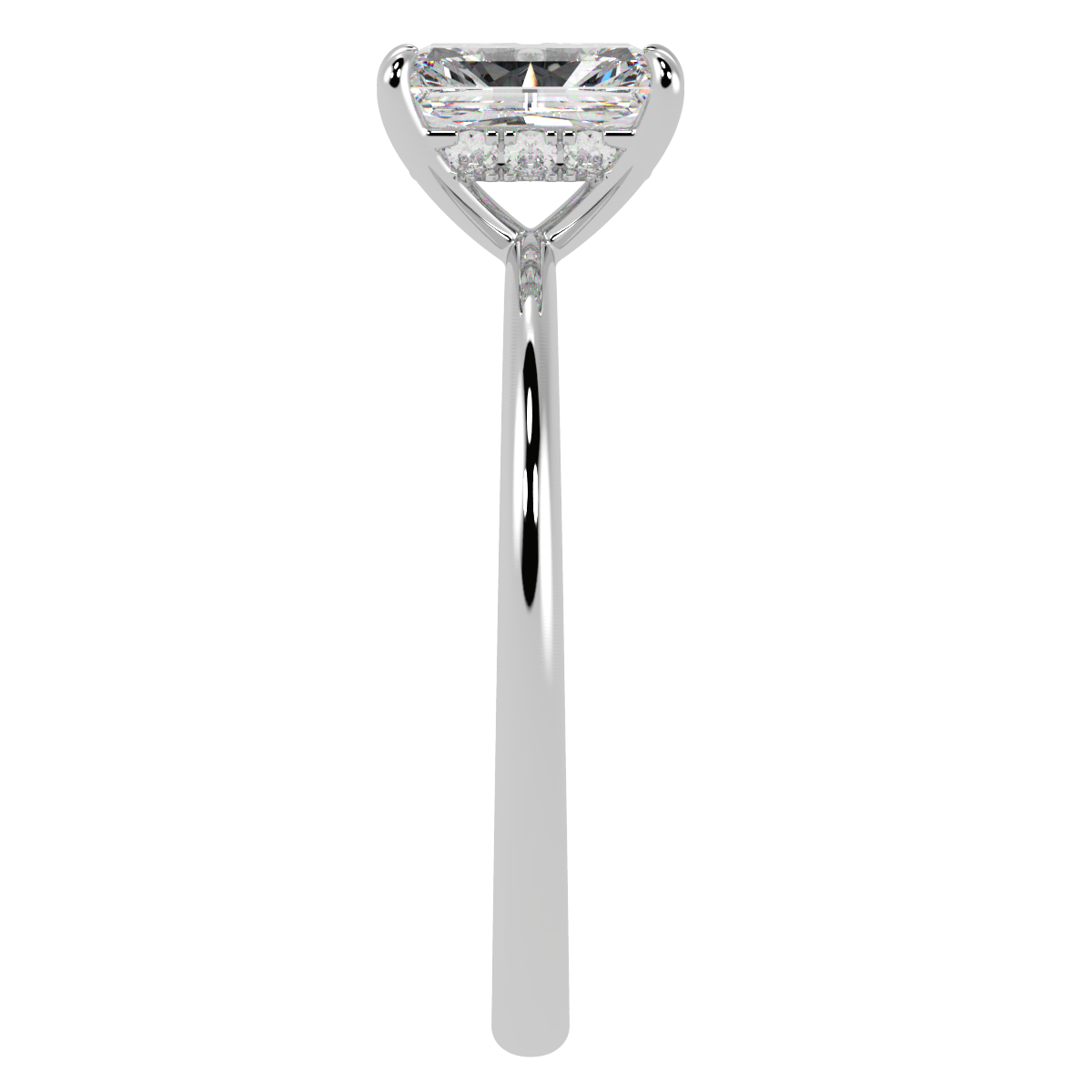 Radiant Cut Hidden Halo Ring in white gold or platinum, side view