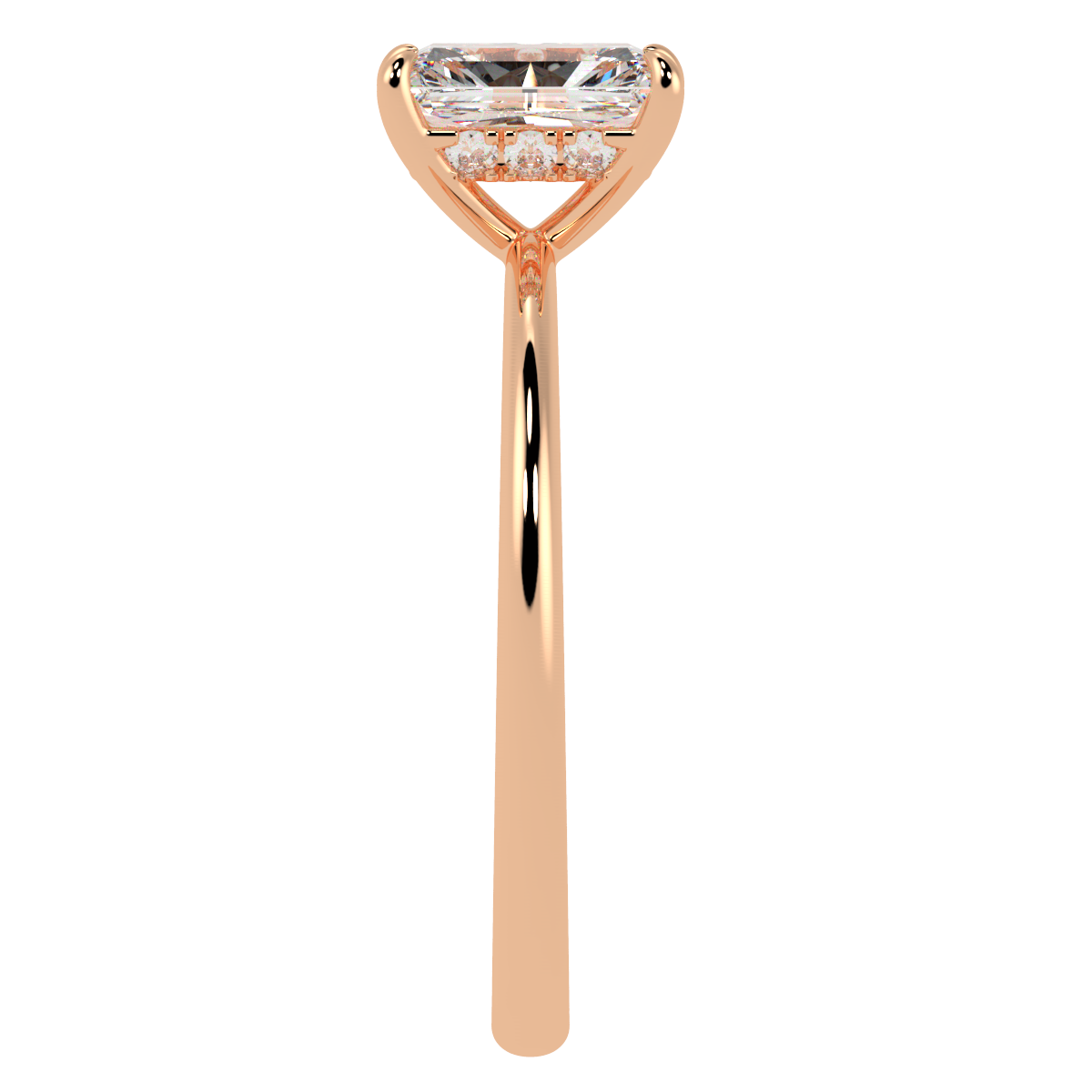 Radiant Cut Hidden Halo Ring in rose gold, side view