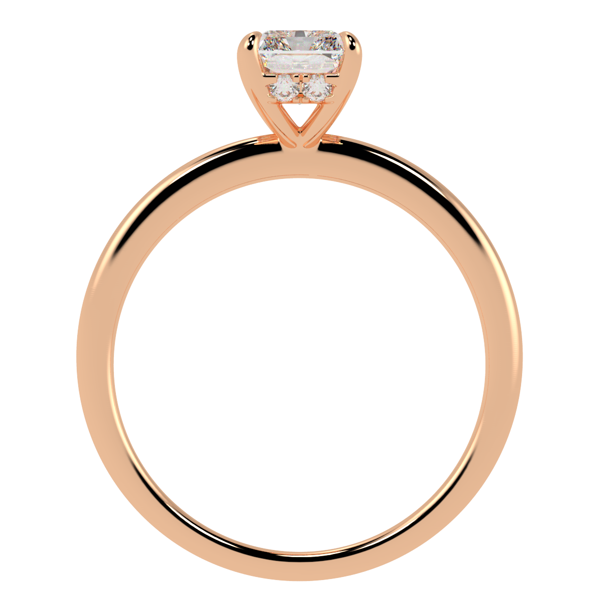 Radiant Cut Hidden Halo Ring in rose gold, flat view