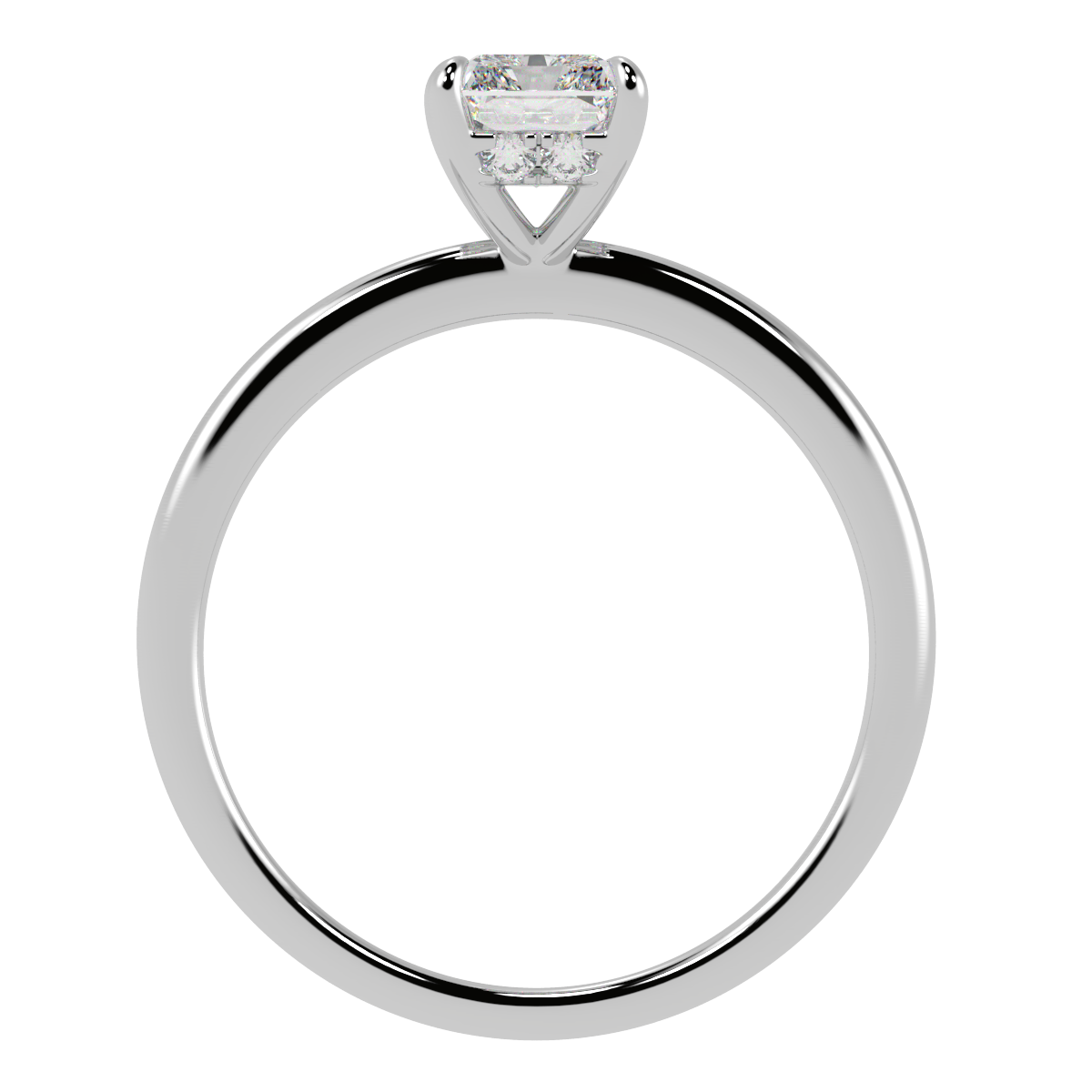 Radiant Cut Hidden Halo Ring in white gold or platinum, flat view