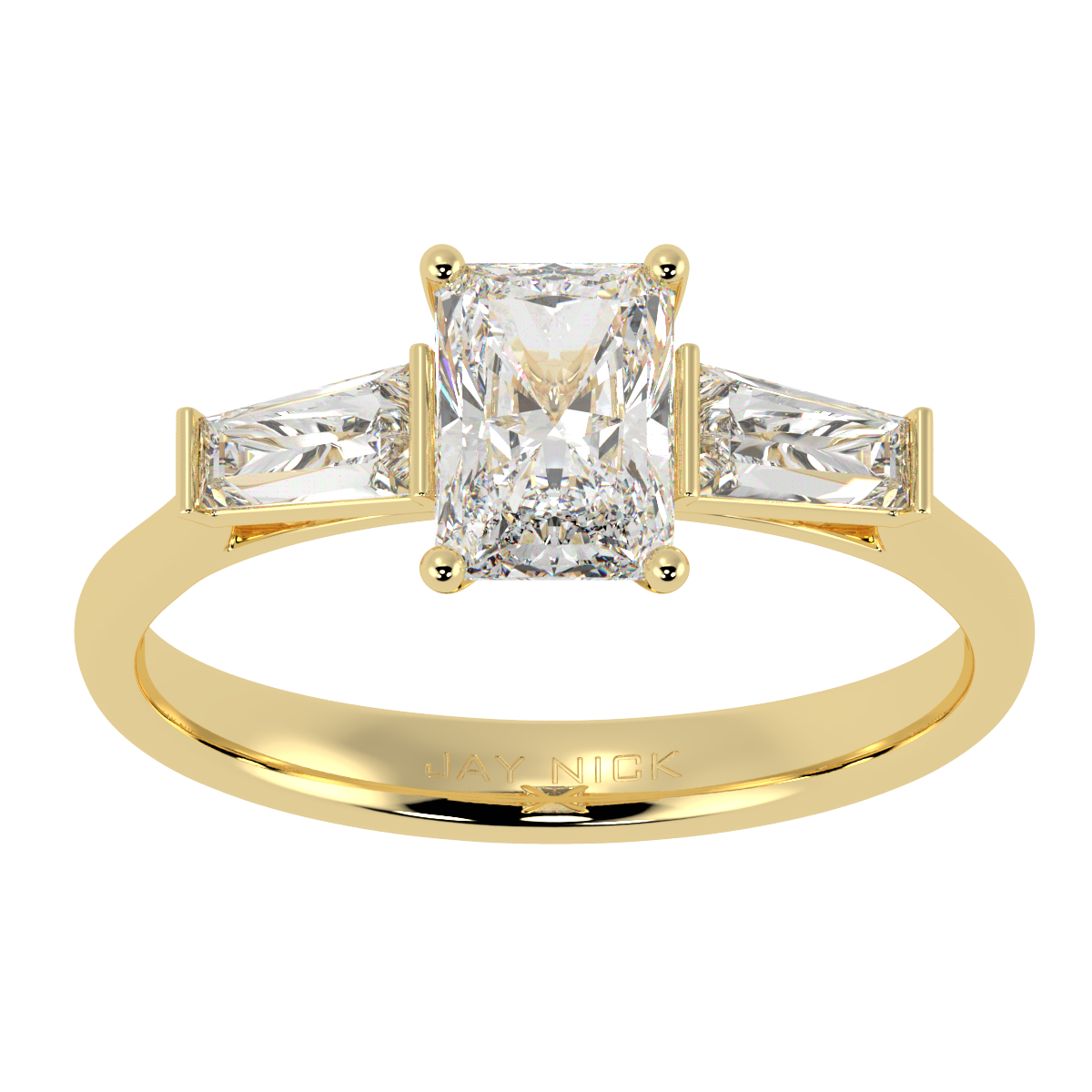 Radiant & Baguette Three Stone Ring in yellow gold, top view