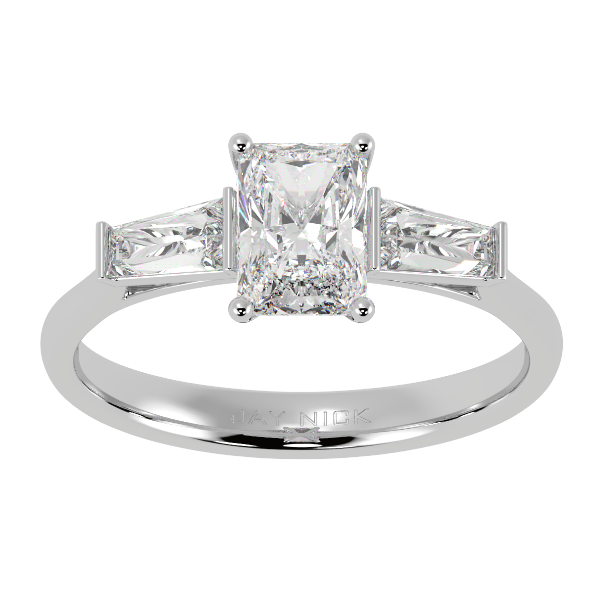 Radiant & Baguette Three Stone Ring in white gold or platinum, top view