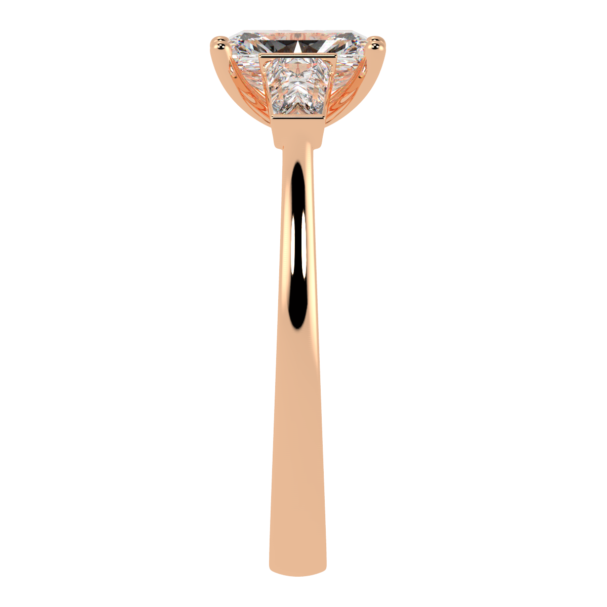 Radiant & Baguette Three Stone Ring in rose gold, side view