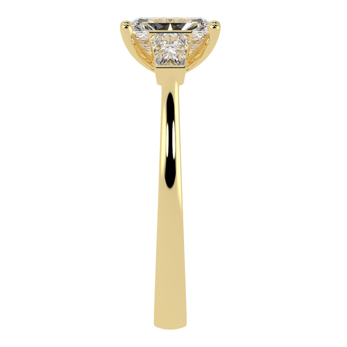 Radiant & Baguette Three Stone Ring in yellow gold, side view