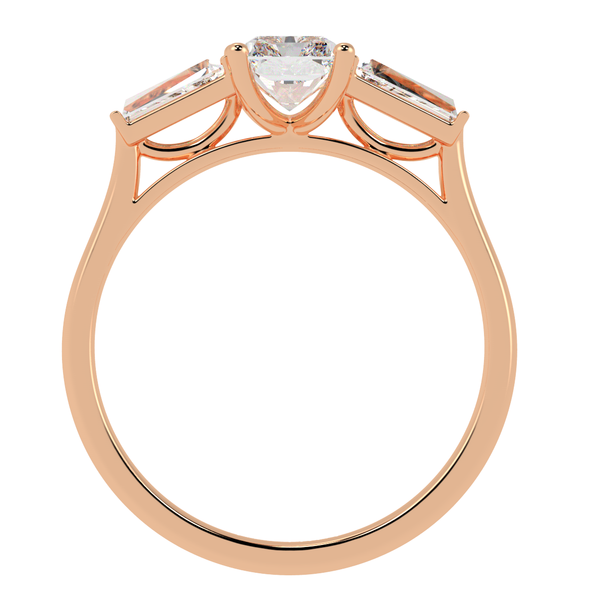 Radiant & Baguette Three Stone Ring in rose gold, flat view