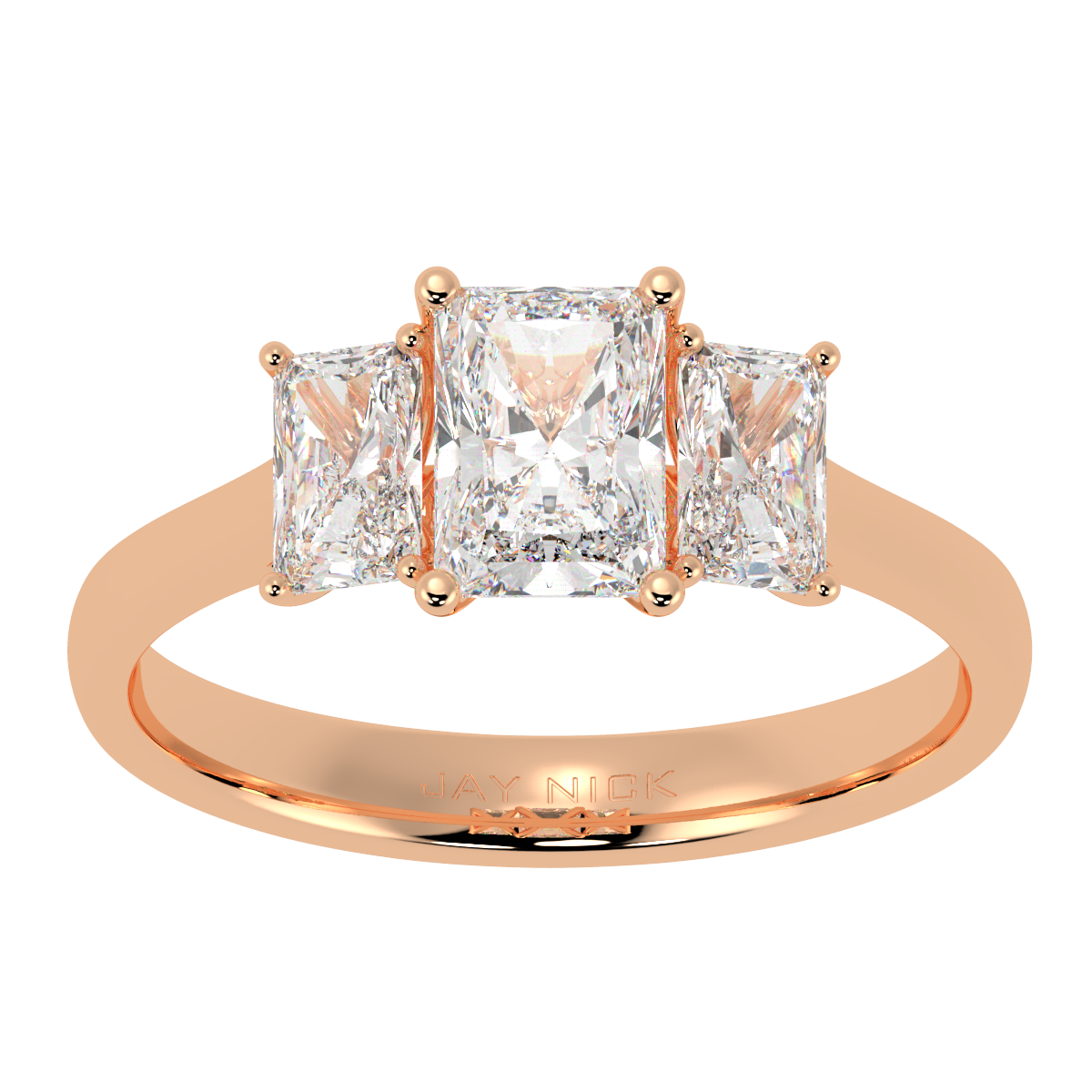 Radiant Cut Trilogy Ring in rose gold, top view