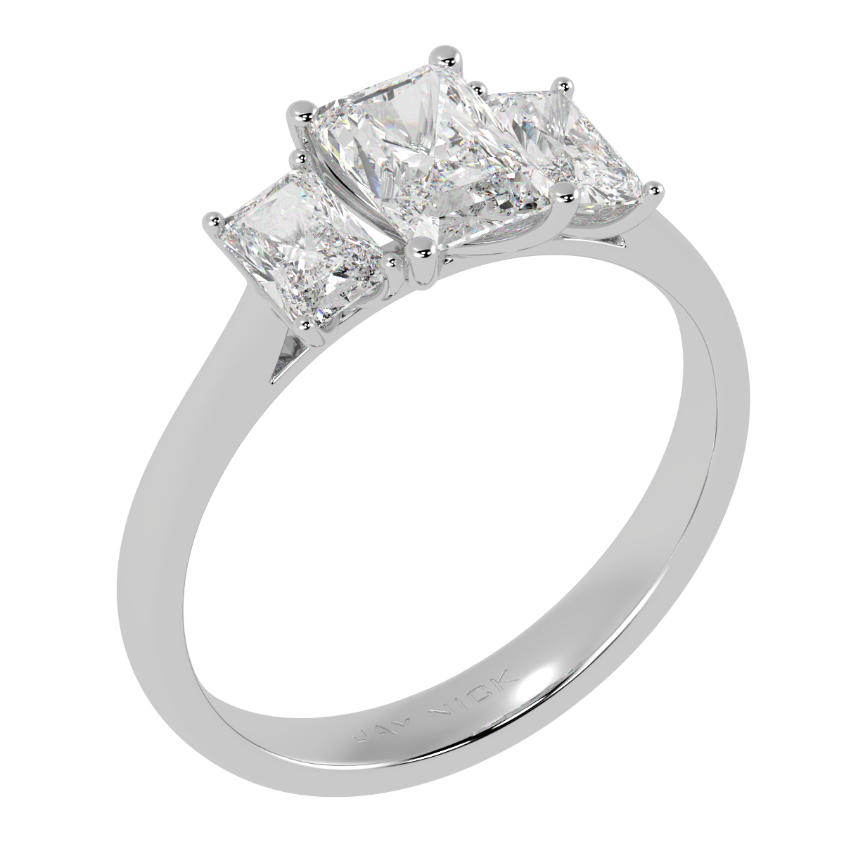 Radiant Cut Trilogy Ring in white gold or platinum, perspective view