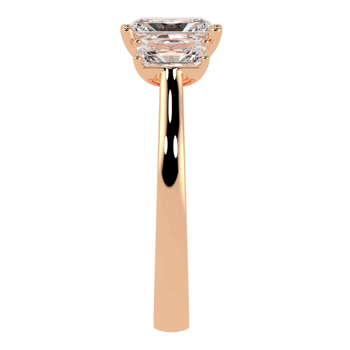 Radiant Cut Trilogy Ring in rose gold, side view