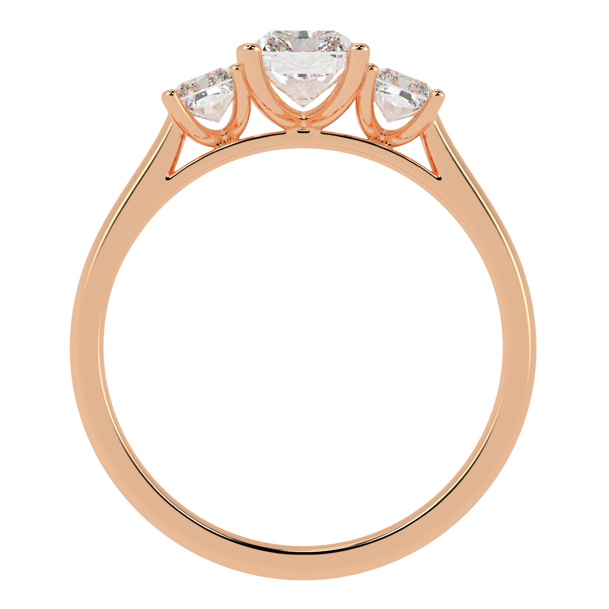 Radiant Cut Trilogy Ring in rose gold, flat view