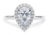 A beautiful GIA certified pear cut halo diamond engagement ring, with a 0.90ct centre diamond of E colour and VS1 clarity. Surrounding halo diamonds weigh approximately 0.15ct. Diamonds set in an 18ct white gold mount.