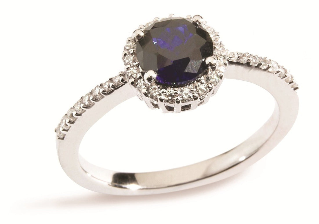 Round Blue Sapphire Studded Shoulder Halo Ring