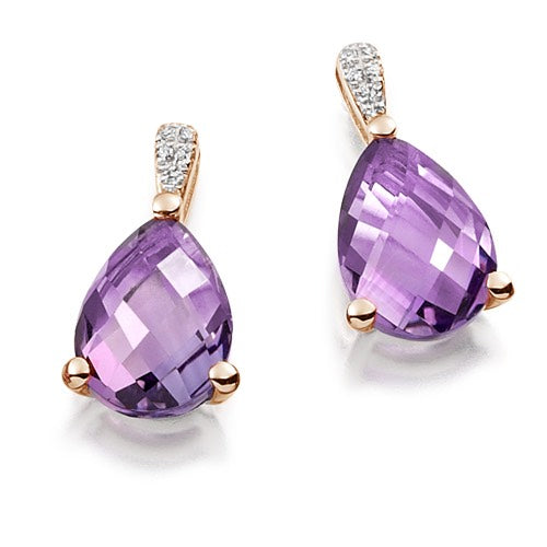 Amethyst &amp; Diamond Drop Earrings in rose gold