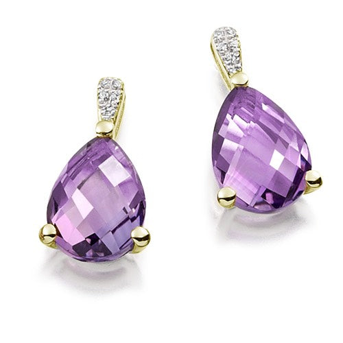 A pair of amethyst and diamond drop earrings with faceted purple stones and sparkling diamond accents.